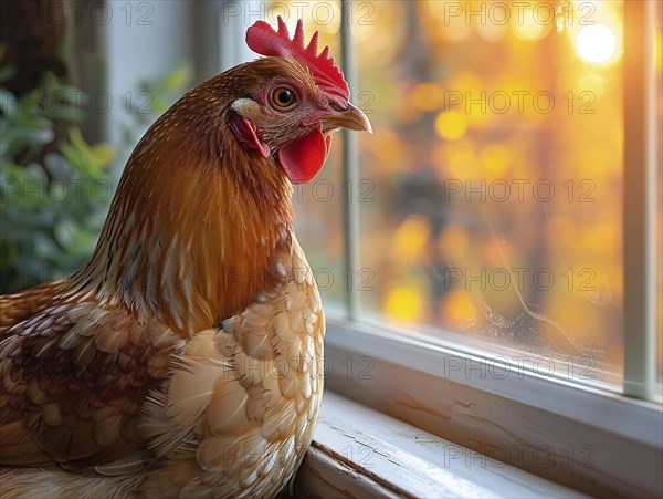 Close-up of a chicken by a window during the golden hour with a detailed view, AI generiert, AI generated