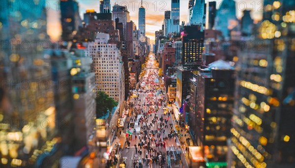 City street at dusk with a swarm of pedestrians and warm glowing lights, rush hour commuting time, sunset, blurry cityscape, bokeh effect, AI generated