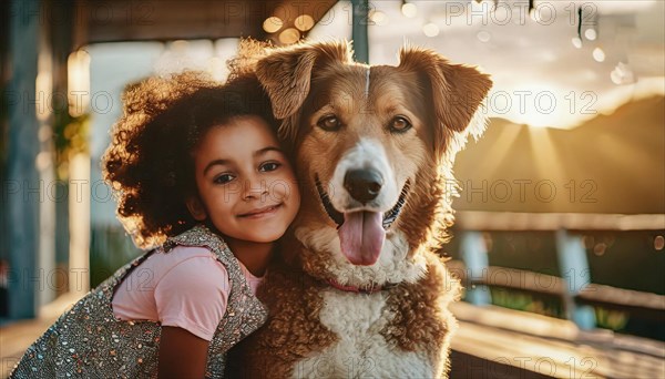 A young girl is laying on a wooden deck with a brown and white dog. The girl is smiling and the dog is wagging its tail. The scene is warm and inviting, with the girl AI generated