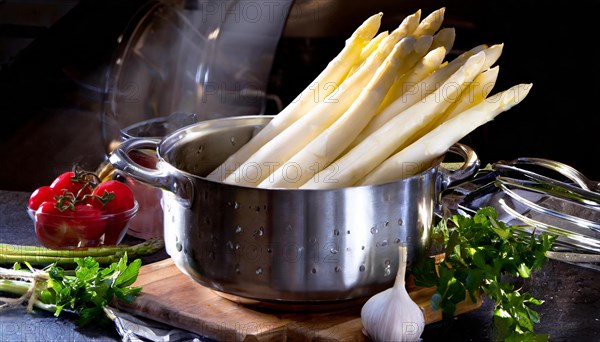 A steaming pot of asparagus on a wooden board in a rustic kitchen, fresh white asparagus in a cooking pot, KI generated, AI generated