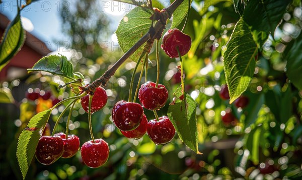 Ripe cherries dangling temptingly from the branches of a cherry tree in a vibrant garden AI generated