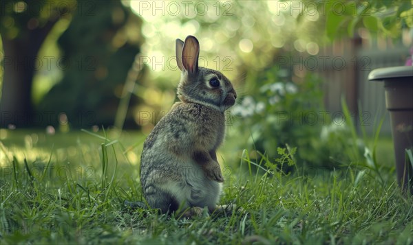 A bunny sitting upright in the forest, bokeh lights AI generated