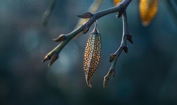 A close-up of a laburnum seed pod hanging from a branch AI generated