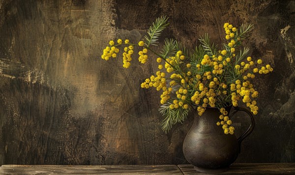 A close-up shot of Mimosa branches arranged in a vintage pitcher AI generated