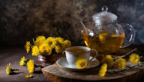 Cosy arrangement with smoky coltsfoot tea and coltsfoot on a rustic table, medicinal plant coltsfoot, Tussilago farfara, KI generated, AI generated