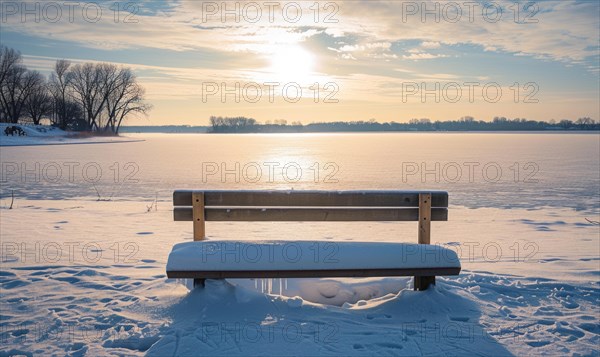 A snow-covered bench overlooking the frozen expanse of a lake AI generated