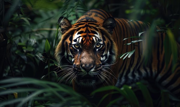 A Sumatran tiger in jungle foliage AI generated