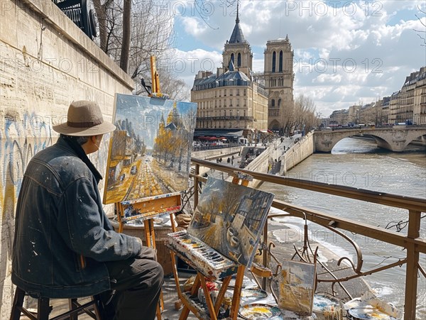 Kuenstler malt am Ufer der Seine mit Blick auf die sonnenbeschienene Notre-Dame, Lifestyle in Paris, Frankreich, AI generiert, AI generated