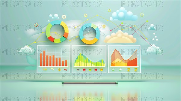 Colorful data presentation concept with 3D charts, graphs, and cloud shapes symbolizing cloud computing, ai generated, AI generated