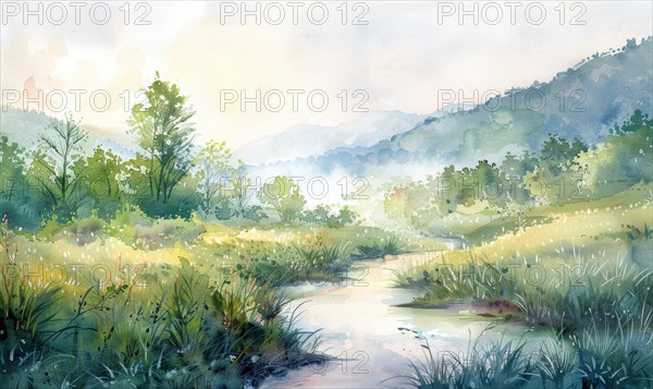 A watercolor illustration of valley with calm river flowing through verdant fields AI generated