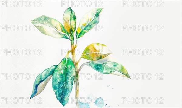 Watercolor illustration of a young tree sprout with bright green leaves AI generated