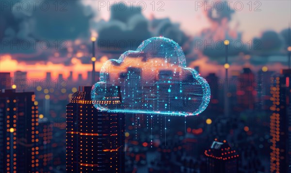 Cloud computing servers against a backdrop of a digital cityscape AI generated