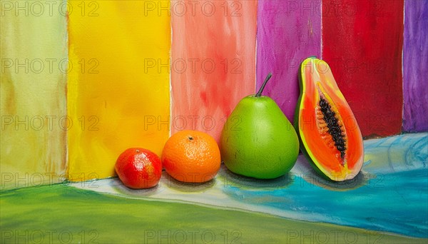 Still life of fruits with a pear, orange, and papaya on a colorful textured canvas, horizontal, AI generated