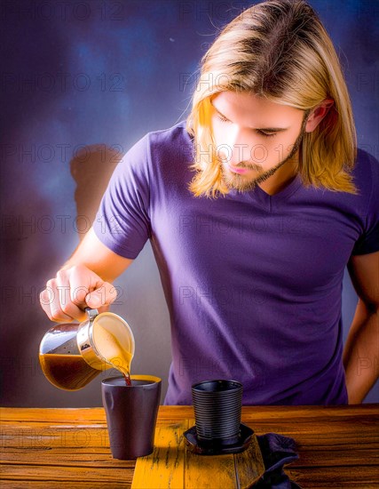 A man pours coffee into a cup on a wooden table, conveying a casual and focused ambiance, Vertical aspect ratio, AI generated