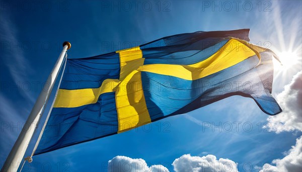 Flags, the national flag of Sweden, fluttering in the wind