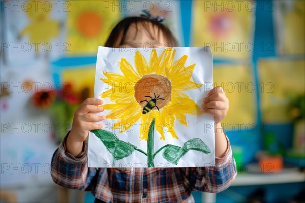 A pre-school child holds a drawn picture of a sunflower with a bee up to the camera, AI generated, AI generated, AI generated