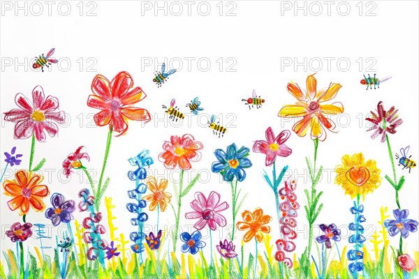 Flower meadow with bees, drawing with coloured pencils by a child of preschool age, primary school age, AI generated, AI generated, AI generated