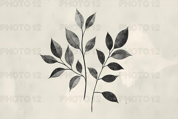 Minimalist botanical illustration of leaves in sepia tones with subtle texture, illustration, AI generated