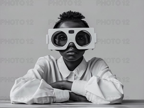 A child gazes through oversized simulated reality goggles, evoking curiosity and futurism, AI generated