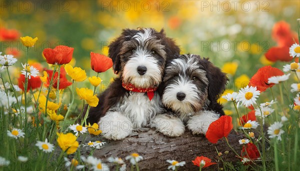 KI generated, animal, animals, mammal, mammals, bobtail, (Canis lupus familiaris), dog, dogs, bitch, dog breed from England, two puppies, flower meadow