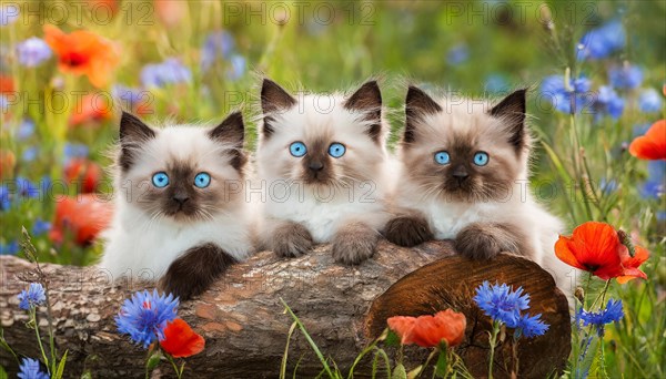 KI generated, animal, animals, mammal, mammals, cat, felidae (Felis catus), three cats resting on a tree, kittens