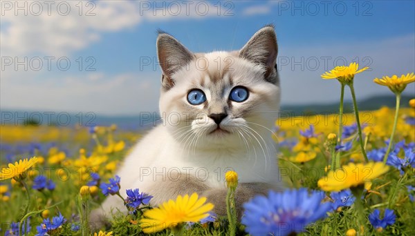 KI generated, animal, animals, mammal, mammals, cat, felidae (Felis catus), a kitten resting in a meadow on a tree trunk