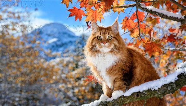AI generated, animal, animals, mammal, mammals, cat, felidae (Felis catus), a red American Forest Cat, sits in a tree, autumn, autumn leaves, snow, onset of winter