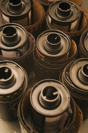 Close-up of unwound rolls of 35mm film cassettes, Studio Composition, Quebec, Canada, North America