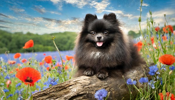 Ai generated, animal, animals, mammal, mammals, a, single animal, dwarf spitz, Spitz, (Canis lupus familiaris), dog, dogs, bitch, Pomeranians, a black dwarf spitz lies on a tree in a flower meadow