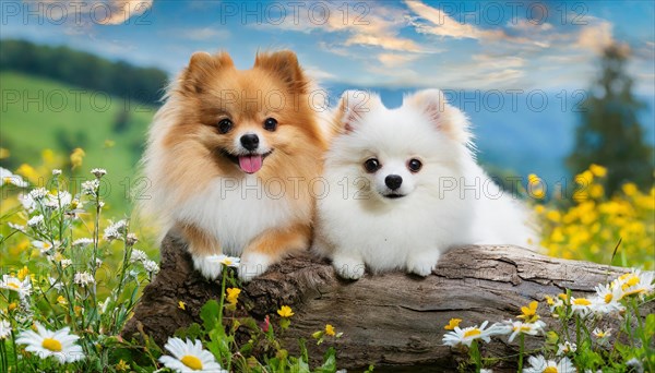 KI generated, animal, animals, mammal, mammals, a, single animal, dwarf spitz, Spitz, (Canis lupus familiaris), dog, dogs, bitch, Pomeranians, bitch and puppy lying in a flower meadow, tree trunk