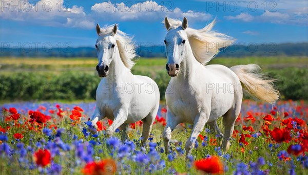 KI generated, A horse, horses, Arabian, in front of a blue sky, thoroughbred Arabian, AV, Arabian thoroughbred, (Eqqus ferus caballus), running in a meadow with colourful flowers