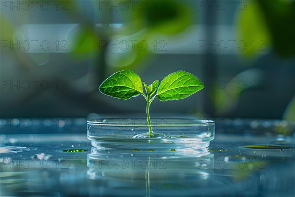 Small plant seedling in petri dish in research lab. Concept for biotechnology and genetic modification. KI generiert, generiert, AI generated
