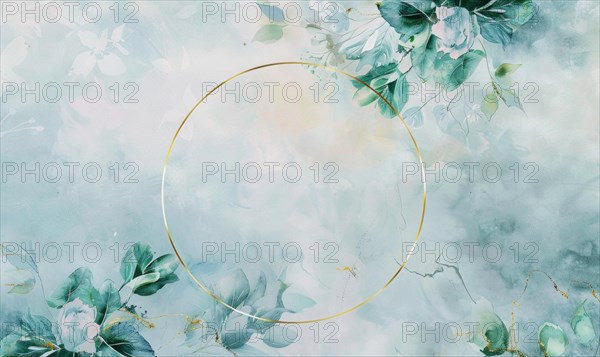 Thin golden frame on watercolor background, space for text AI generated