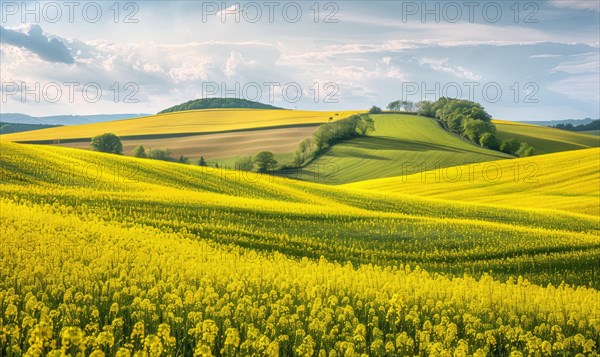 A picturesque countryside scene with rolling hills blanketed in vibrant yellow rapeseed flowers, spring nature, fields and meadows AI generated