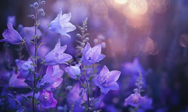 Bellflowers blooming in a cottage garden, closeup view, soft focus AI generated