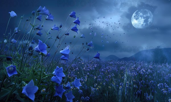 Bellflowers in a meadow under the moonlight, closeup view AI generated