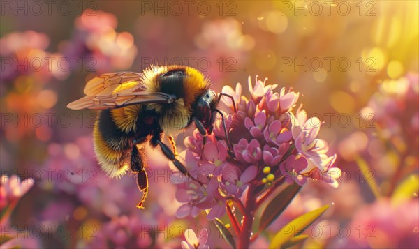 Bumblebee collecting pollen from flowers, closeup view, selective focus AI generated