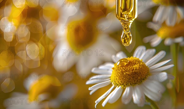 Chamomile essential oil droplets on chamomile flowers, nature beauty background AI generated