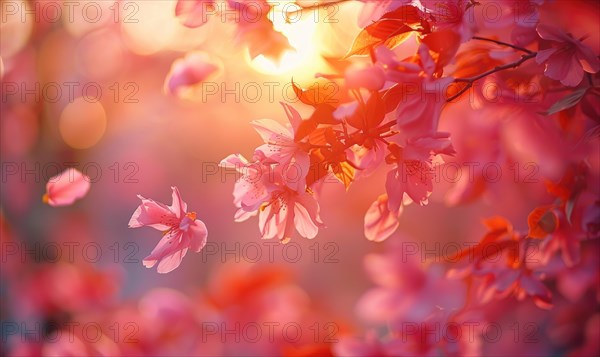 Cherry blossom petals in the breeze, floral background, soft focus, blurred background AI generated