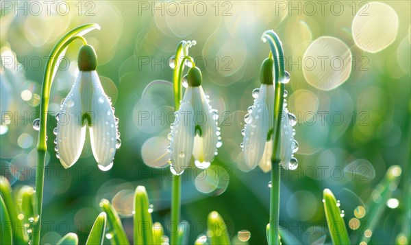 Close-up of snowdrops with dewdrops, spring nature background AI generated