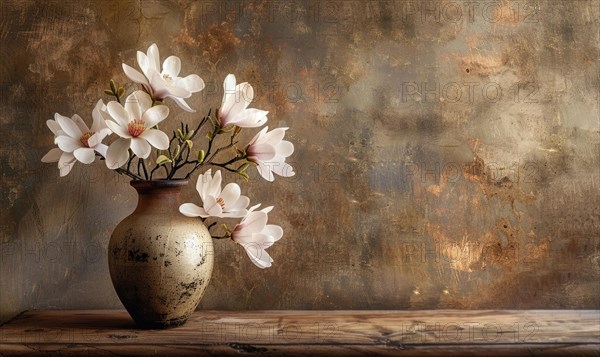 Magnolia blossom bouquet in a vintage vase on a wooden table AI generated