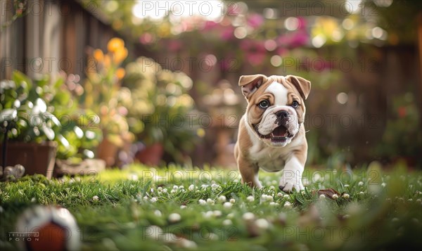Playful bulldog puppy chasing a ball in a backyard garden AI generated