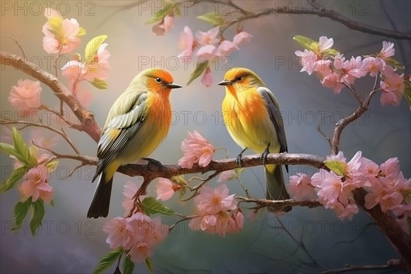Springtime Serenity: Birds Amidst Blossoming Flowers, AI generated