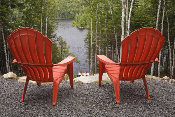 Two bright red plastic Adirondack chairs overlooking a calm lake through Betula, Birch trees with green leaves from gravel surface pation in backyard of a secluded log cabin home in late summer, Quebec, Canada, North America