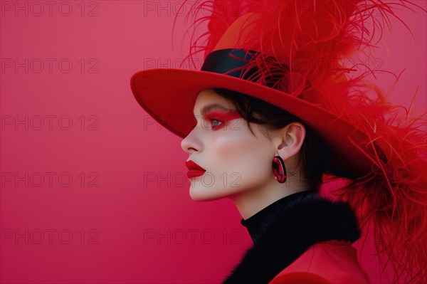 A stylish woman adorned in a vibrant red hat with feathers, making a bold statement against a vivid pink backdrop, AI generated