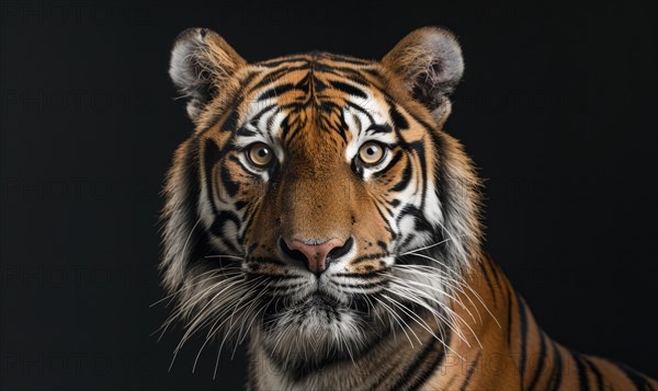 Close-up of a Bengal-Siberian tiger hybrid in studio lighting, tiger on black background AI generated