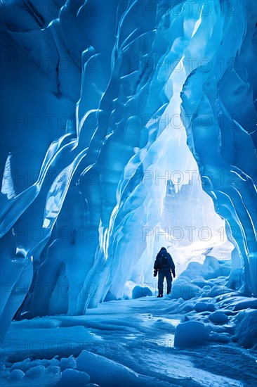 Explorer ventures into ice cave, AI generated