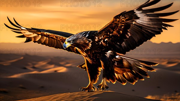 Golden eagle in sun kissed sand dune talons gripping the gobi deserts, AI generated