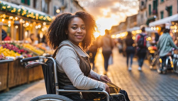 A young woman in a wheelchair confidently navigating a market street in the city at dusk, AI generated