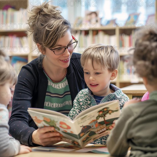 A woman reads to a smiling child and other listeners in a library, AI generated